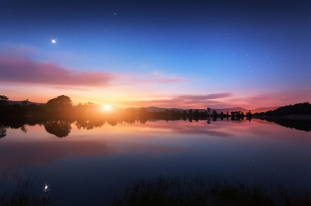 Mountain Lake With Moonrise At Night. Night Landscape